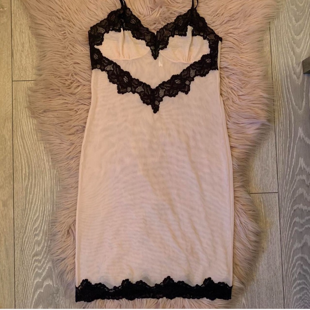 Soft pink mesh slip with black lace trim -size M